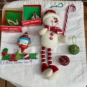 Christmas vintage ornaments bundle stuffed Snowman Metallic sled and church + 5